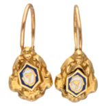 Antique 18K yellow gold earrings with blue and white enamel.