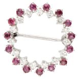 14K White gold brooch set with natural ruby and diamond.