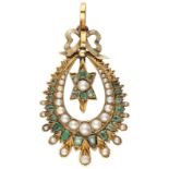 Antique 9K yellow gold pendant with bow and star set with tourmaline and pearl, presumably Victorian