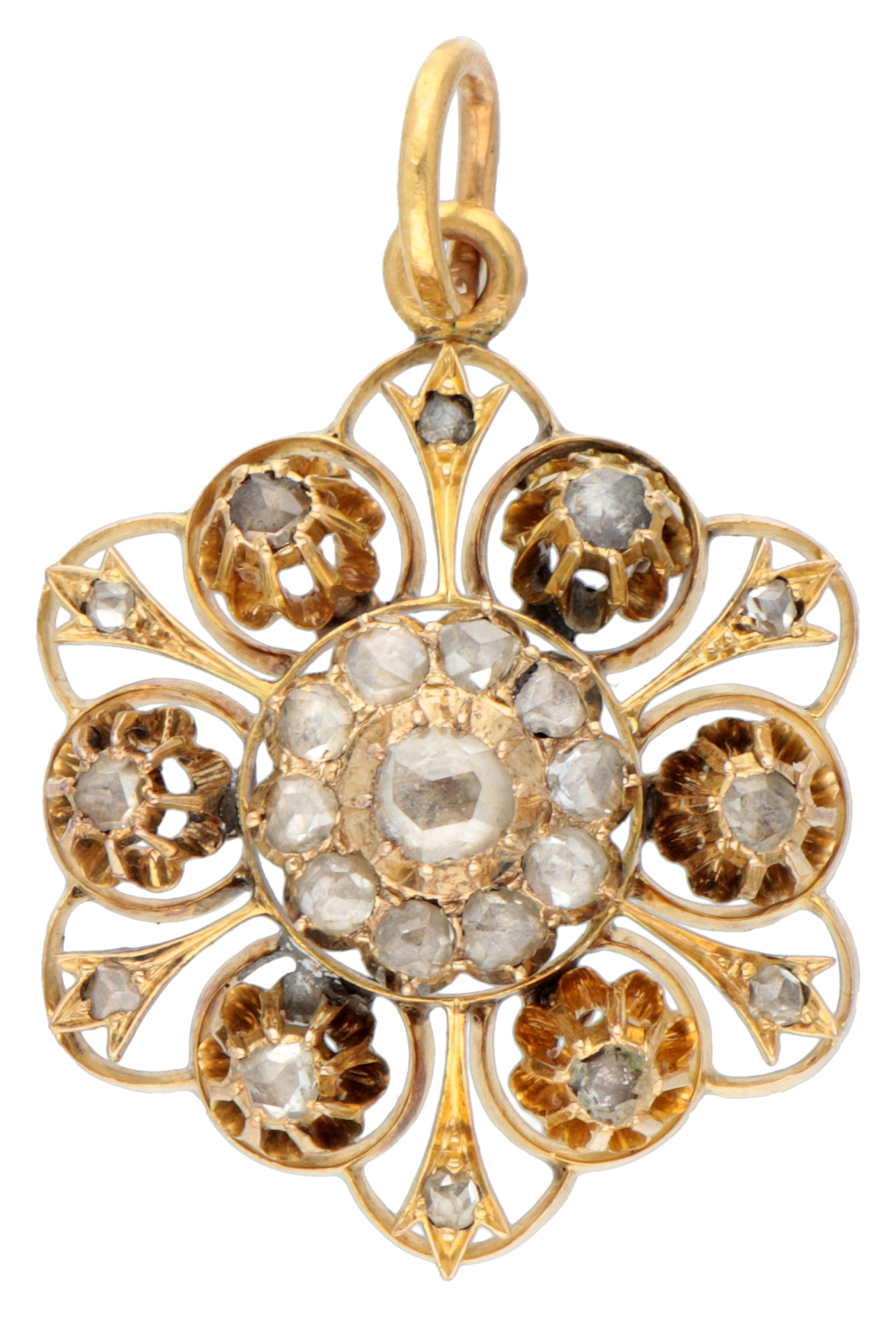 10K Yellow gold antique pendant with rose cut diamond on foil. 