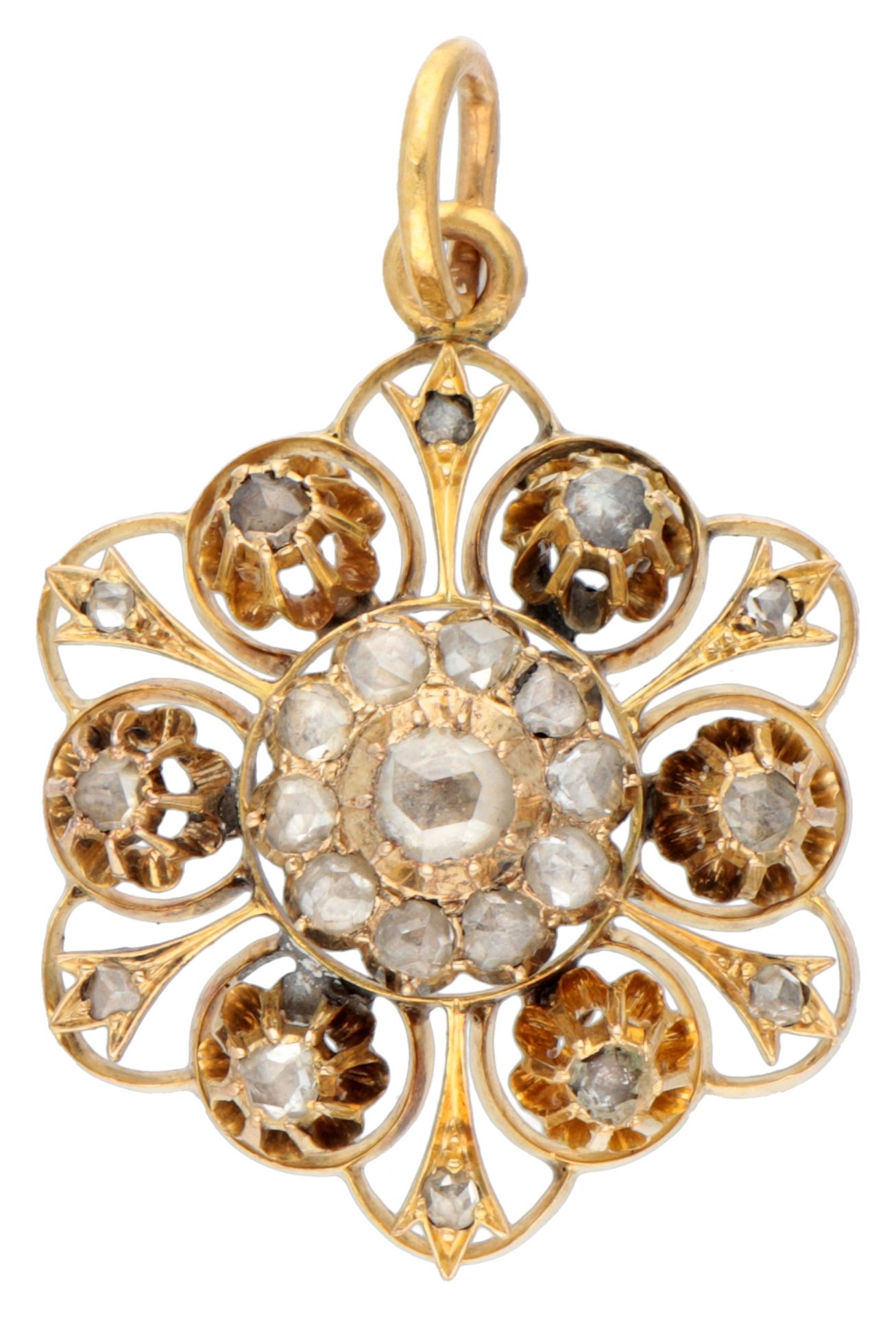 10K Yellow gold antique pendant with rose cut diamond on foil. 