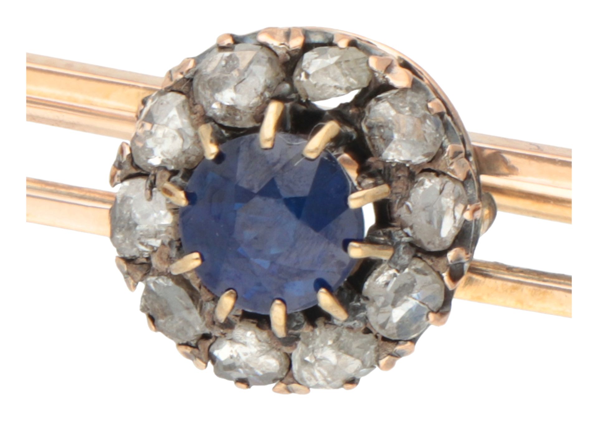 14K Yellow gold antique bar brooch with blue stone and diamond. - Image 2 of 3