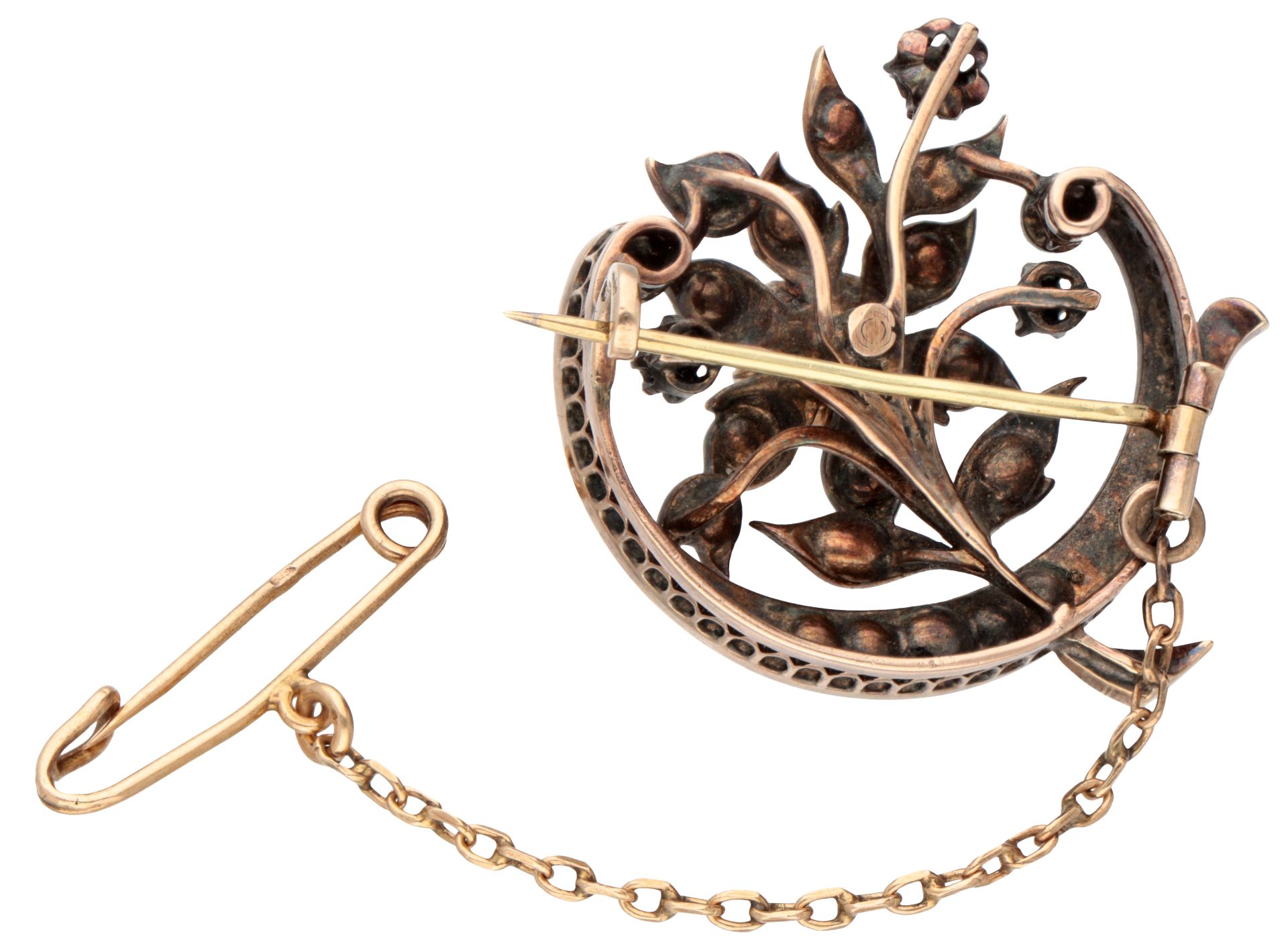 14K Rose gold antique crescent moon brooch with diamond bouquet. - Image 2 of 2