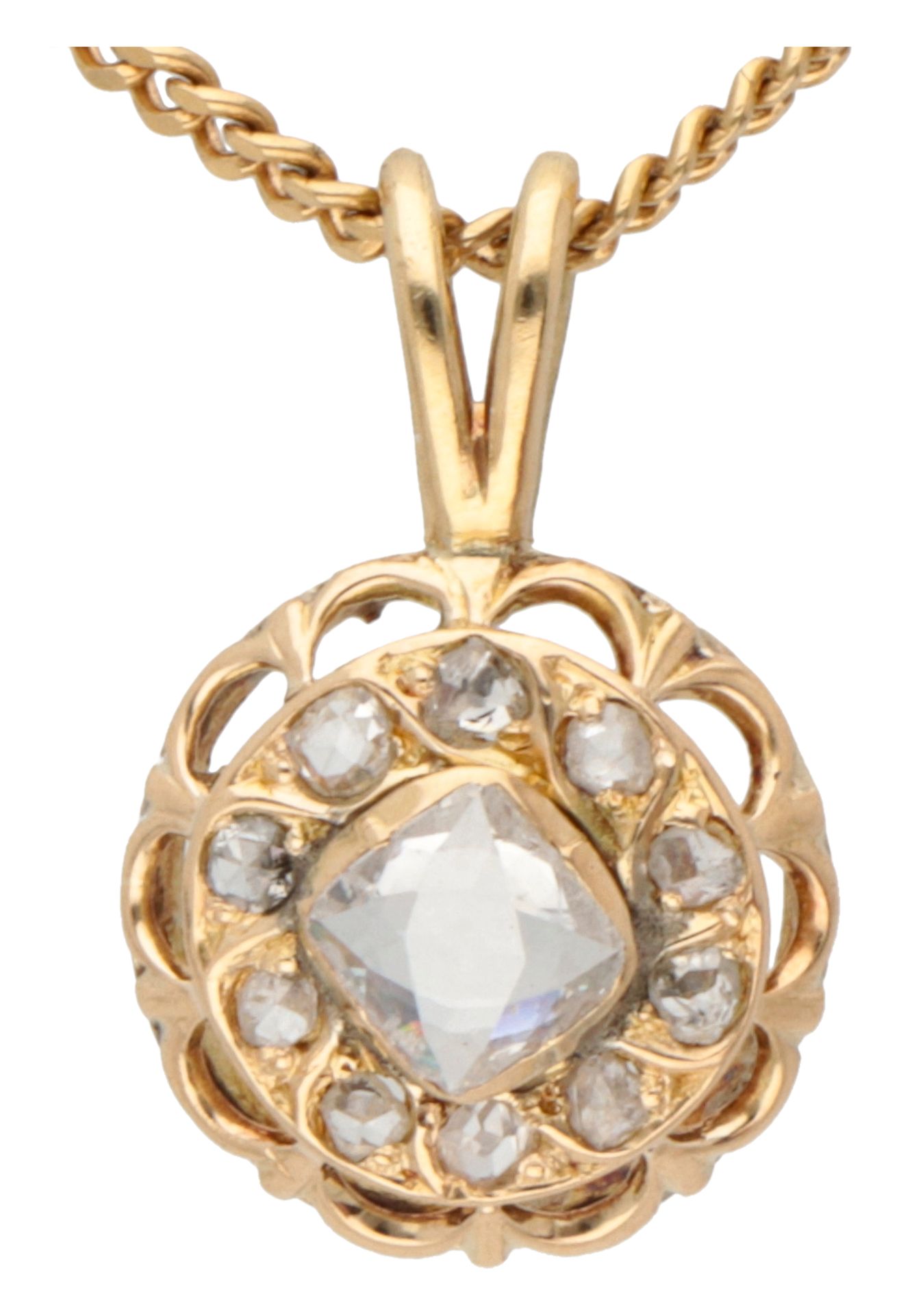 18K Yellow gold pendant with old cut diamonds on necklace. - Image 2 of 5