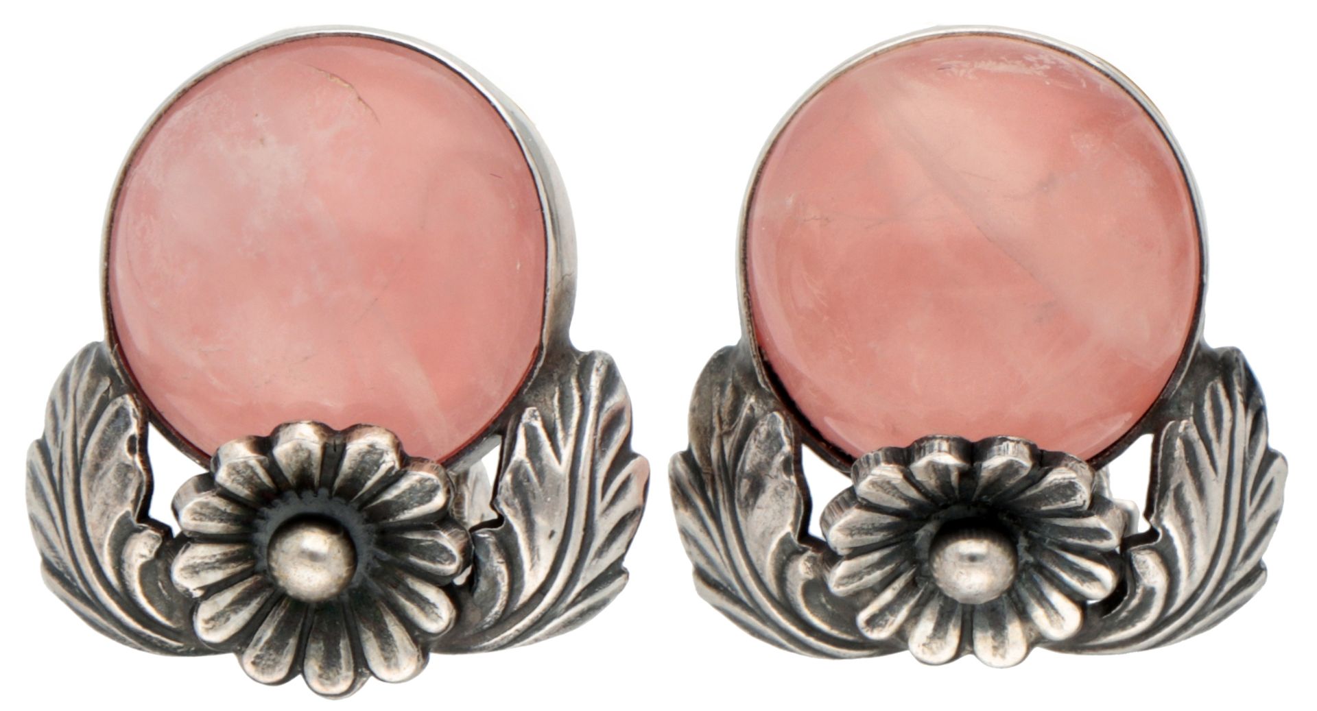 Niels Erik From silver Danish design ear clips set with rose quartz.