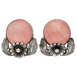 Niels Erik From silver Danish design ear clips set with rose quartz.