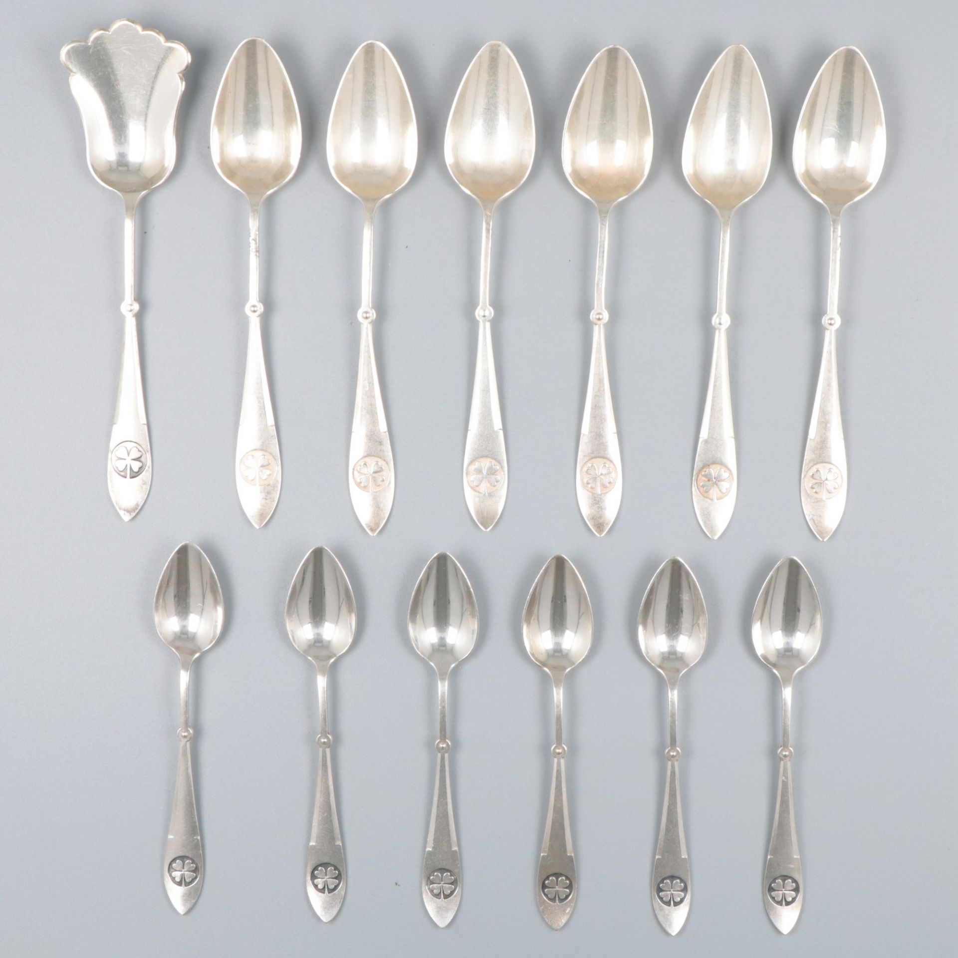 13-piece set mocha spoons & teaspoons with sugar scoop, silver.