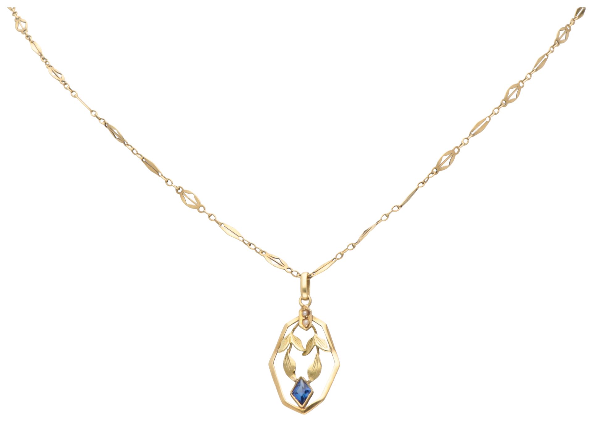 Art Deco 14K yellow gold pendant on a necklace with synthetic sapphire.