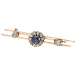 14K Yellow gold antique bar brooch with blue stone and diamond.