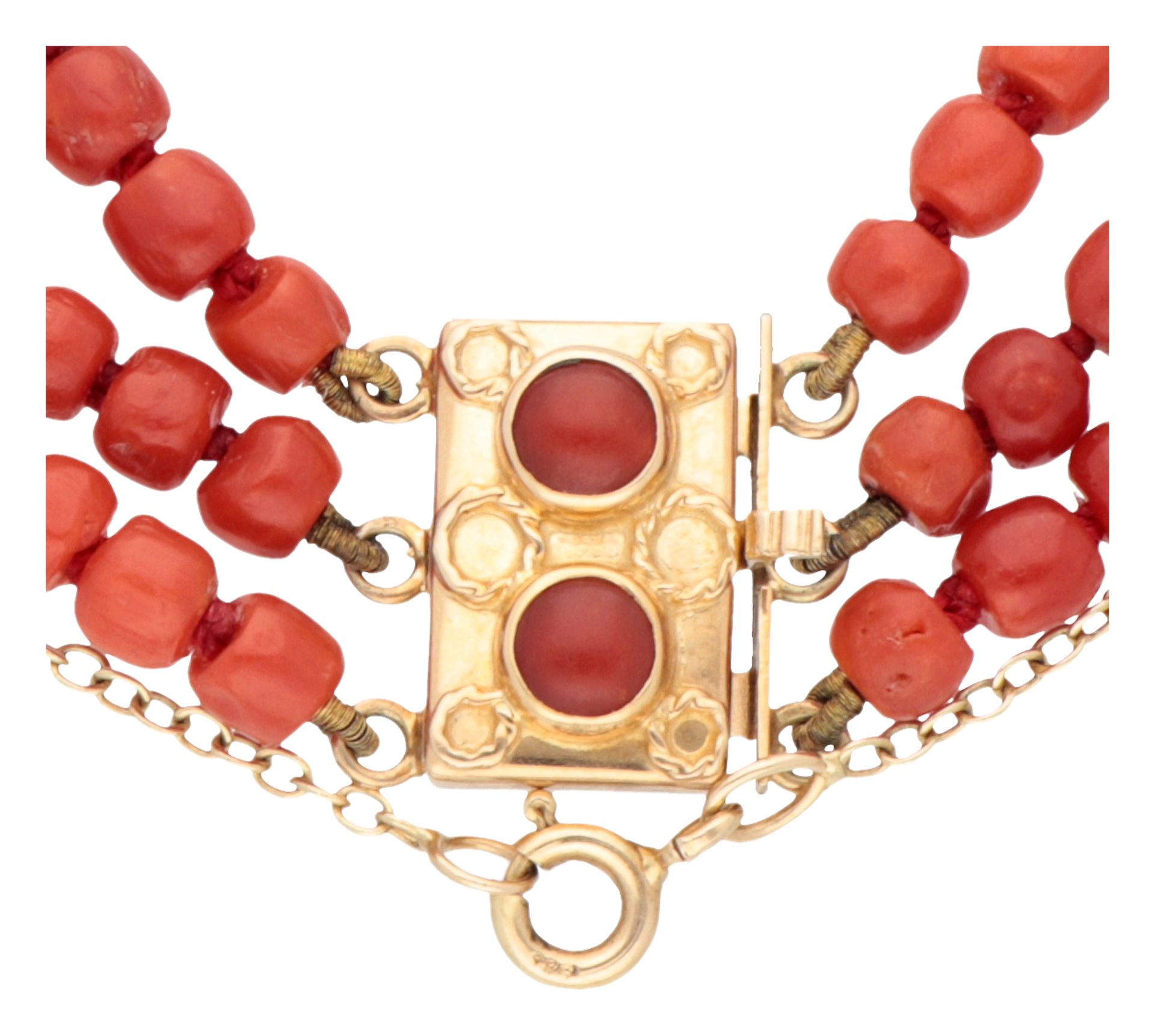 Three-row bracelet red coral on 14K yellow gold lock. - Image 2 of 3