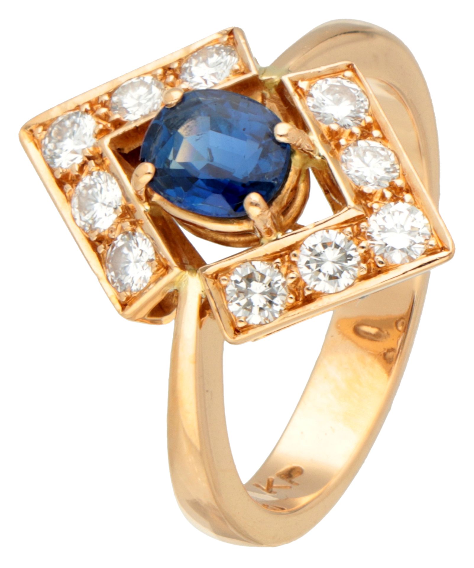 18k Yellow gold entourage ring set with synthetic sapphire and diamonds.