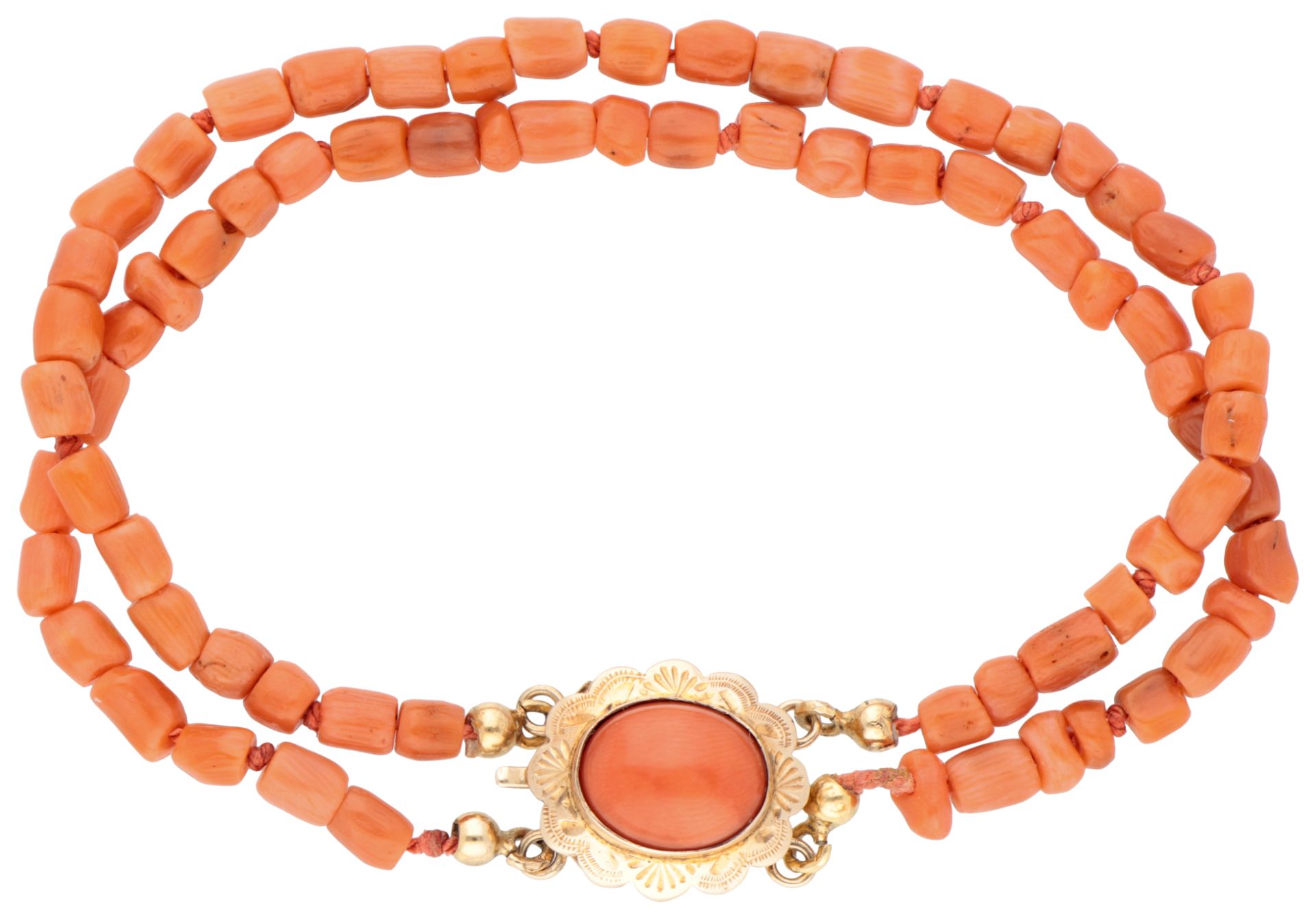 14K yellow gold two-row bracelet with red coral.