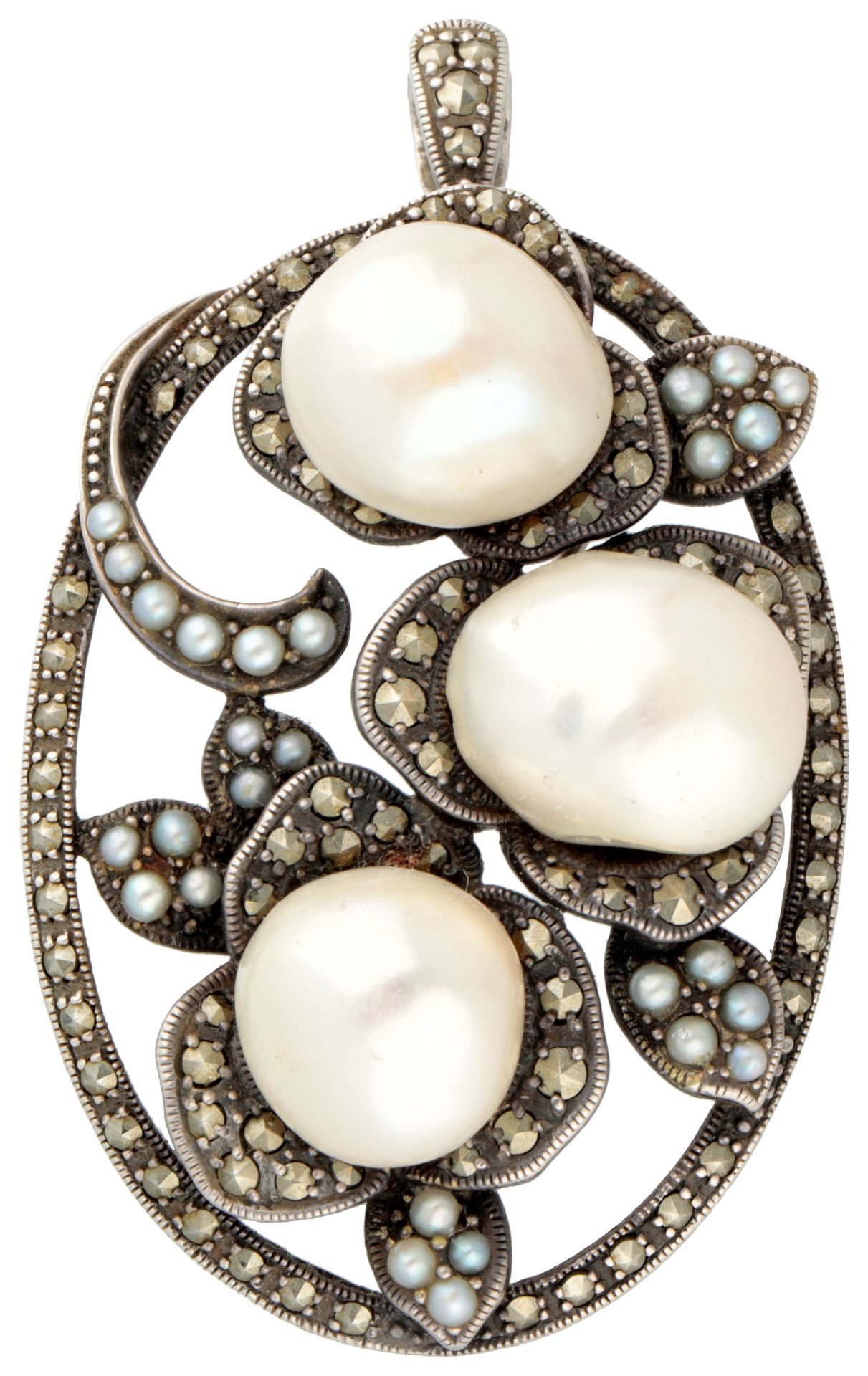 Sterling silver vintage pendant / brooch set with baroque pearl, seed pearl and marcasite.