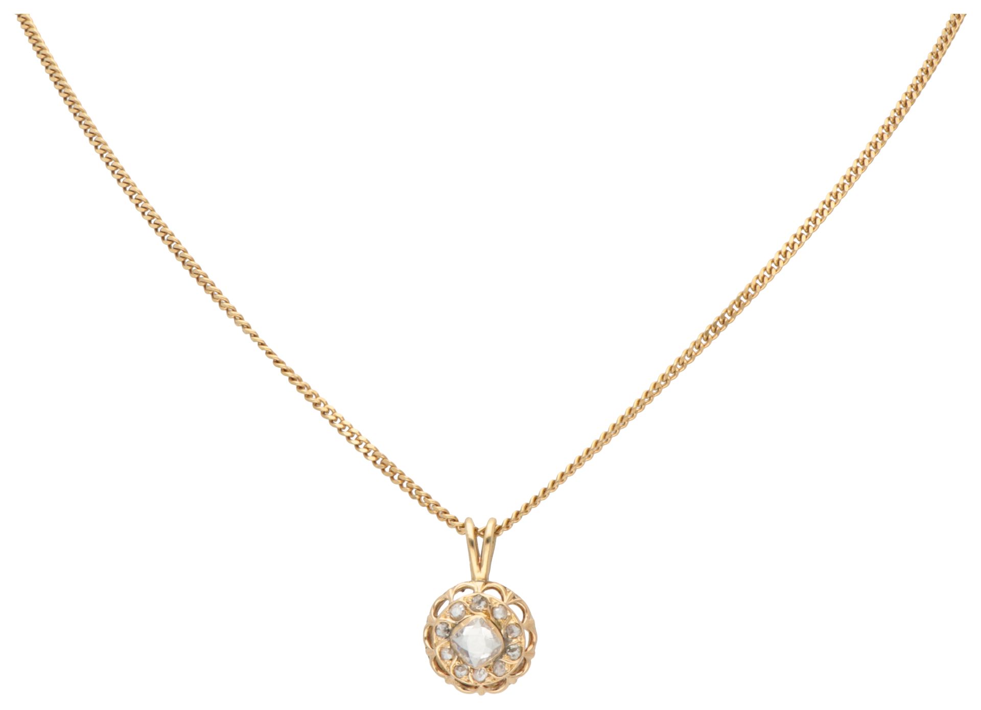 18K Yellow gold pendant with old cut diamonds on necklace.