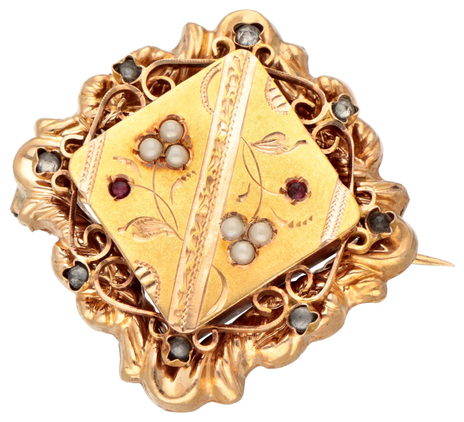 18K Yellow gold antique brooch with simili.