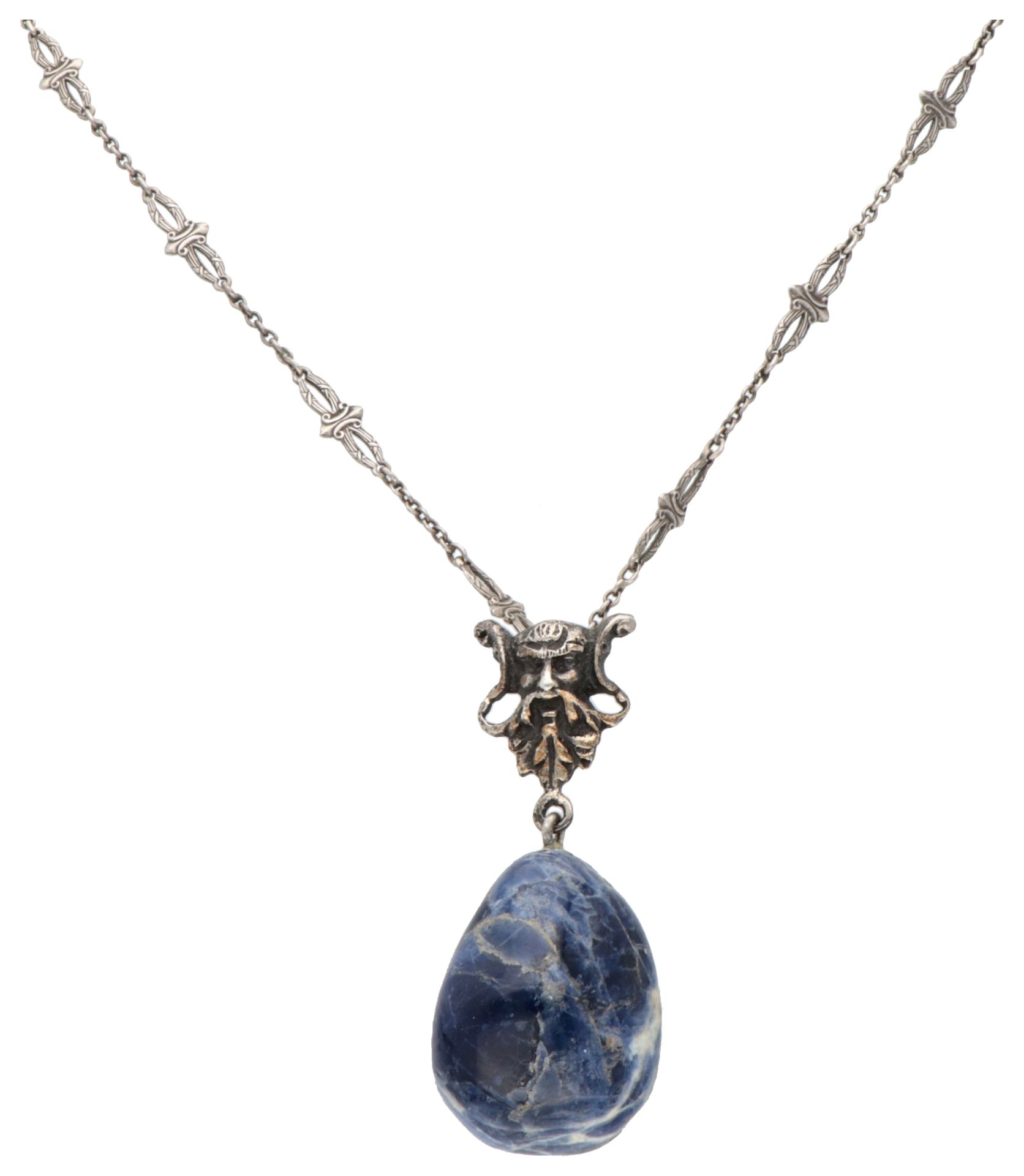 Silver necklace with a sodalite pendant depicting the Celtic 'Green Man'.