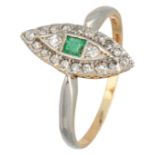 18K Bicolour gold navette ring set with diamond and green stone.