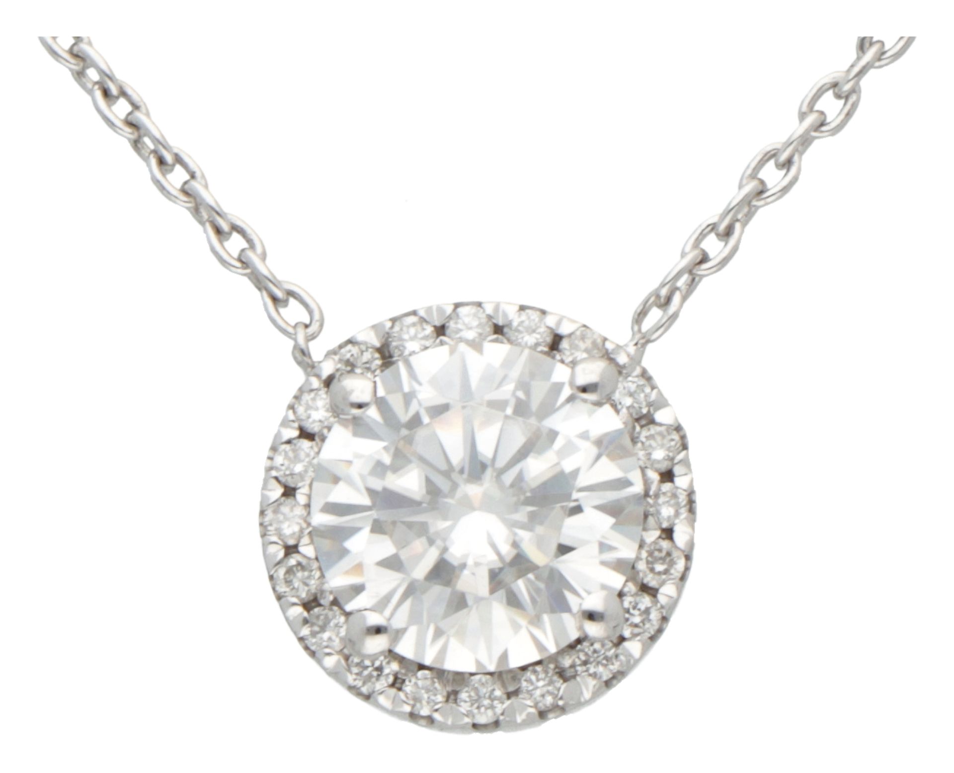 18K White gold necklace with halo pendant set with moissanite and simili. - Image 2 of 3