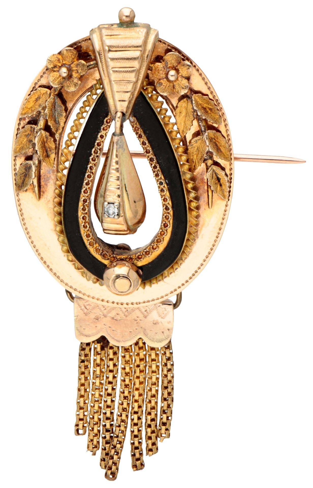 Antique 14K bicolour gold brooch with floral details and 'beard' fringe.