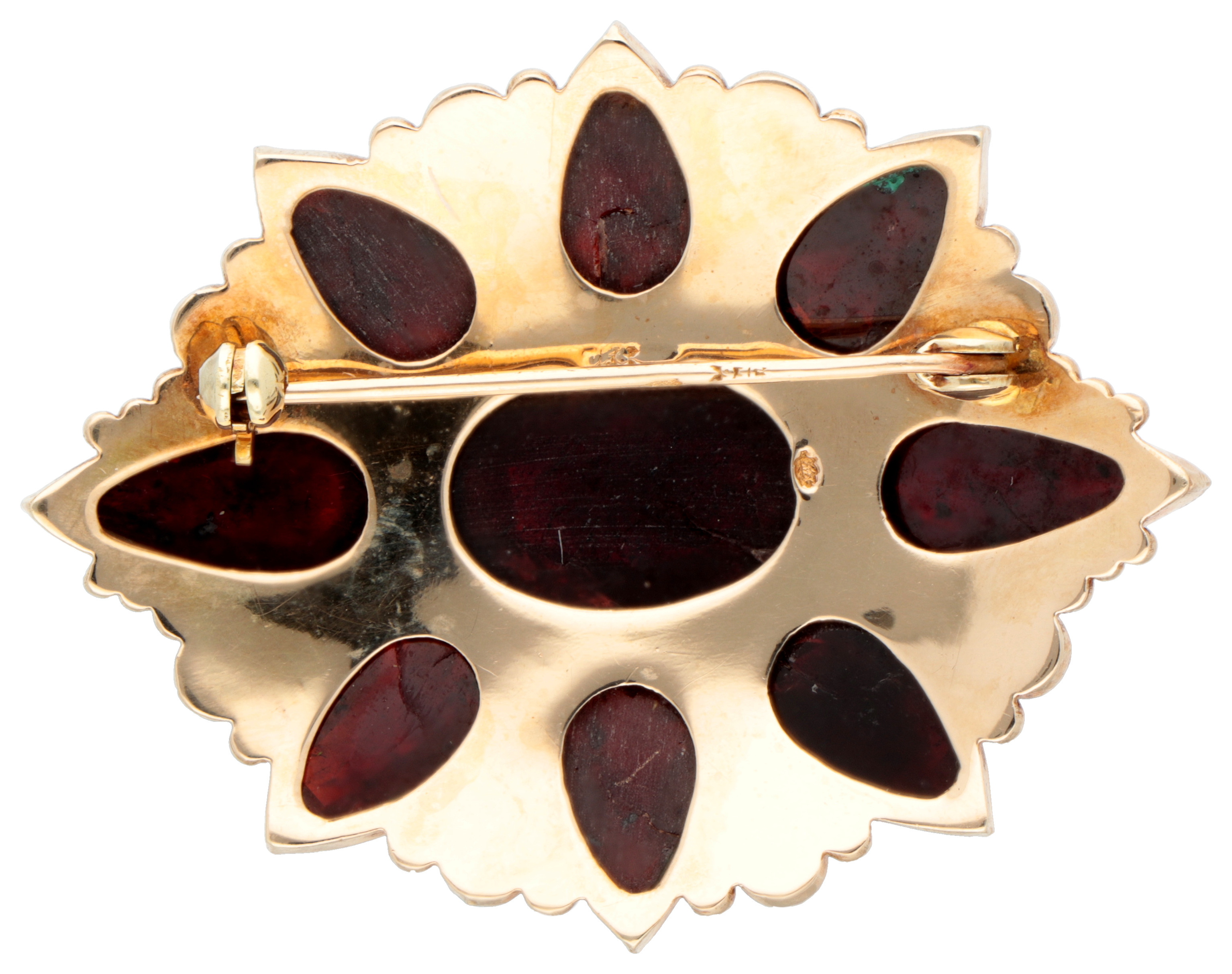 14K Yellow gold brooch set with approx. 22 ct. garnet. - Image 2 of 2