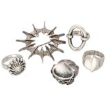 Lot of five silver Scandinavian design rings and brooch.