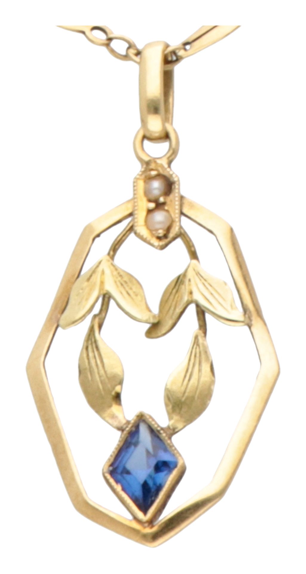 Art Deco 14K yellow gold pendant on a necklace with synthetic sapphire. - Bild 2 aus 3