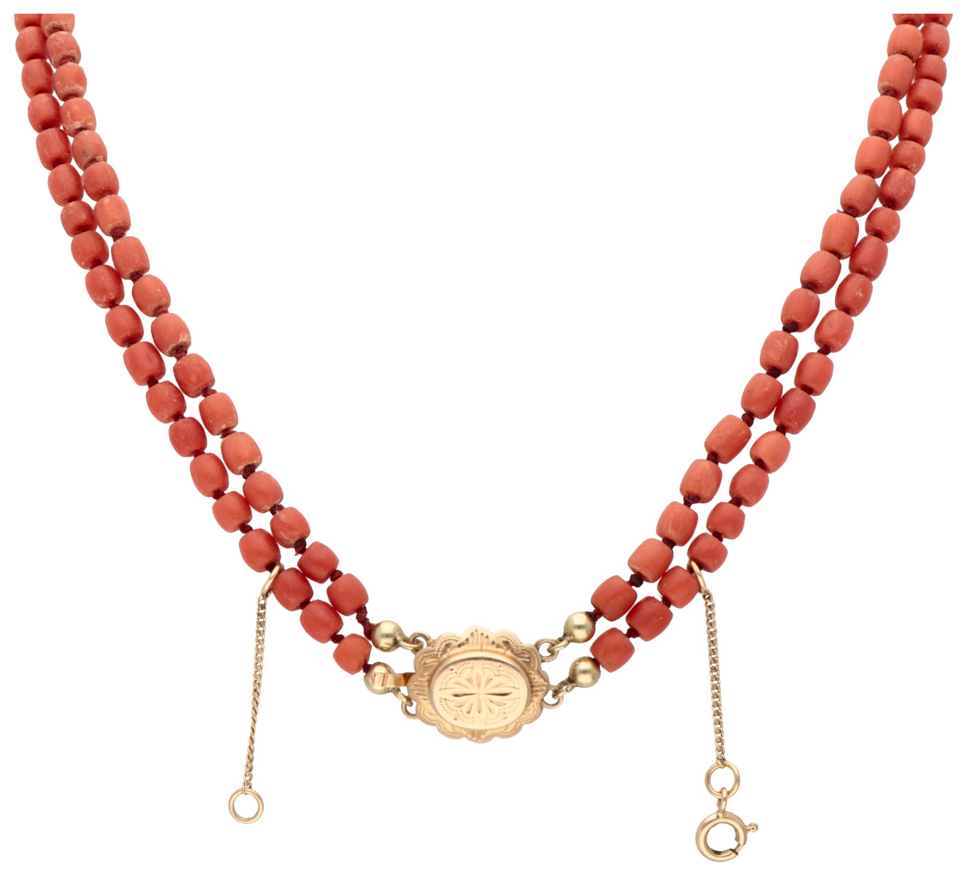 14K Yellow gold two-row red coral necklace.