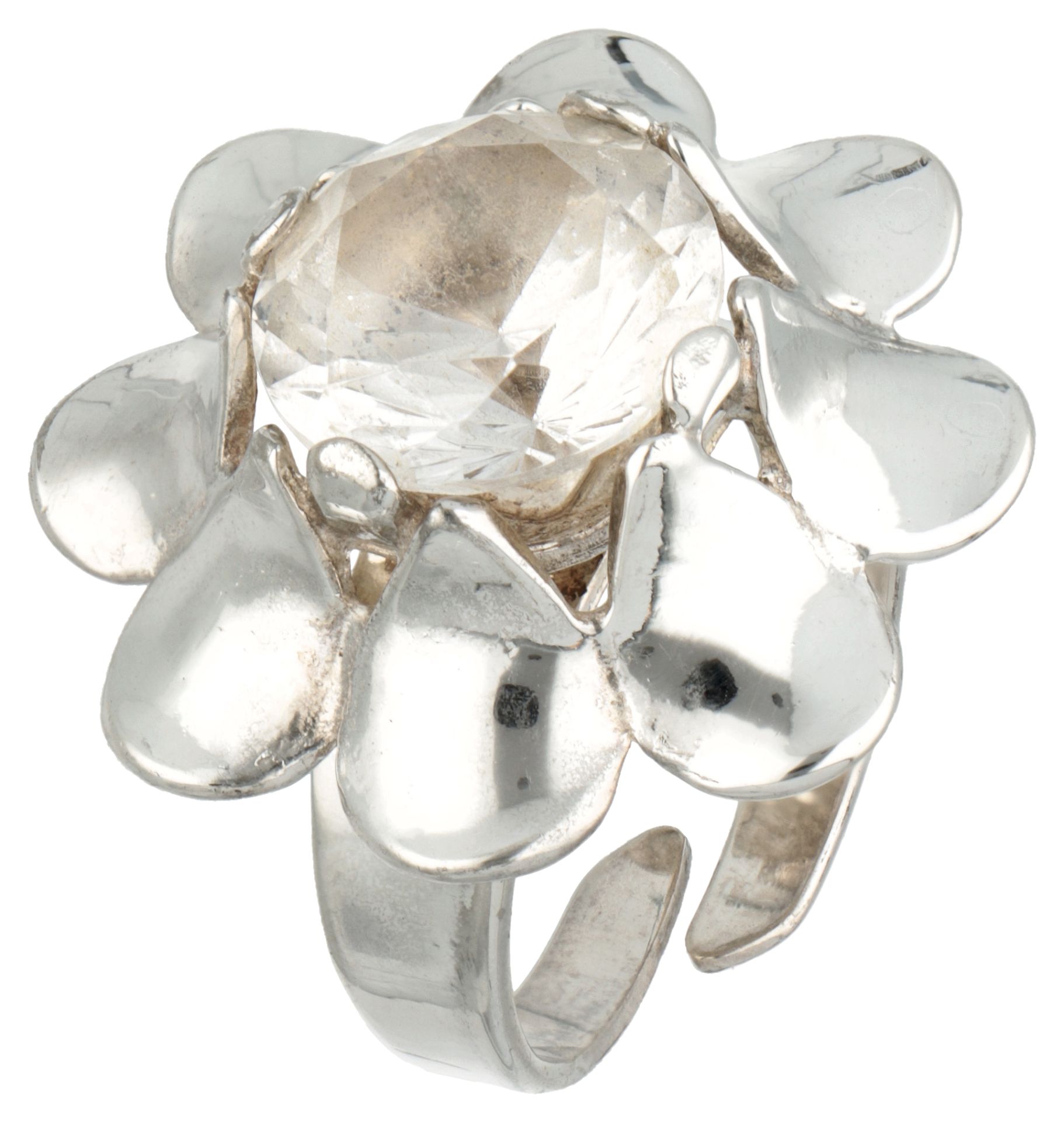 Alton Palmberg silver ring with flower-shaped centerpiece set with synthetic spinel.