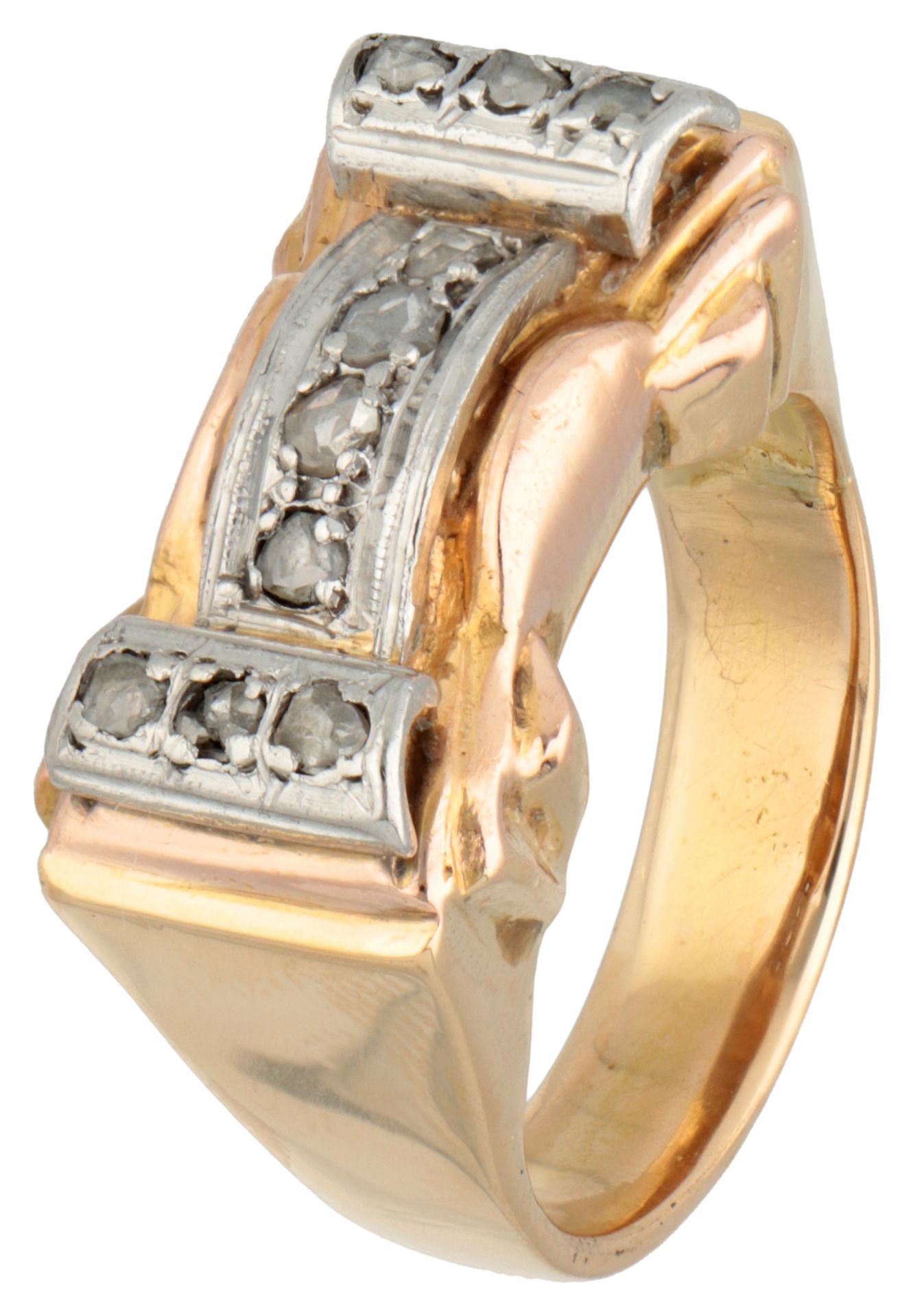 18K Bicolour gold retro ring set with approx. 0.10 ct. diamond.