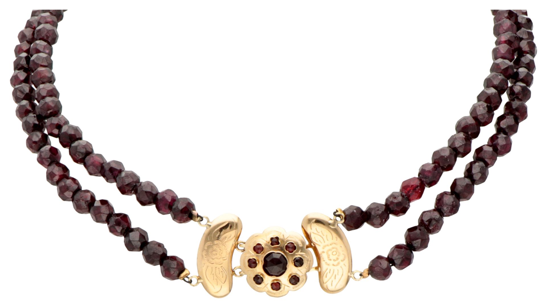 14K Yellow gold two-row garnet necklace.