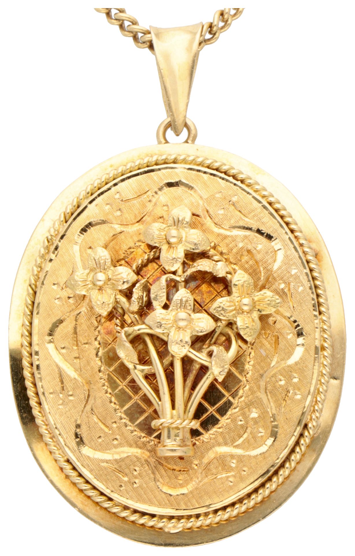 18K Yellow gold pendant with bouquet of forget-me-nots in engraved oval border. - Bild 2 aus 3