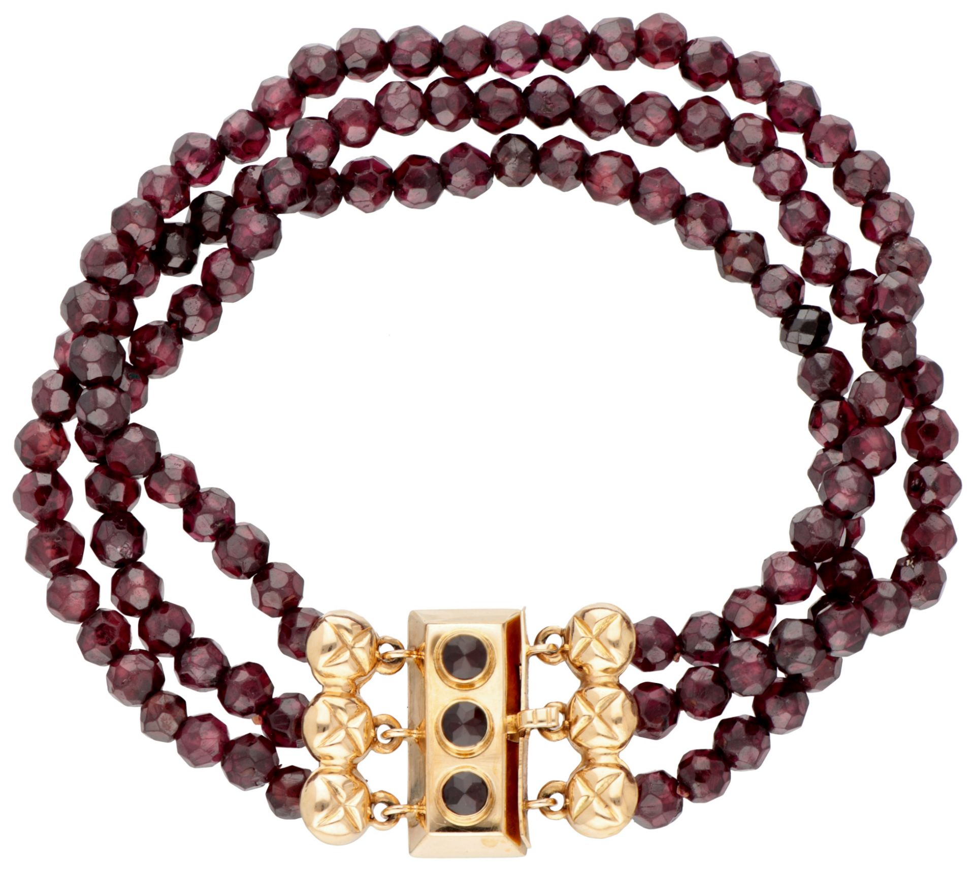 14K Yellow gold three-row bracelet with garnet.