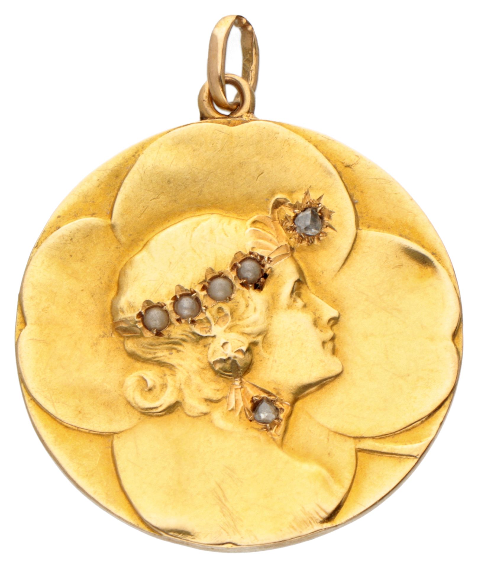 14K Yellow gold Art Nouveau pendant 'habillé' of a woman's profile with diamond.