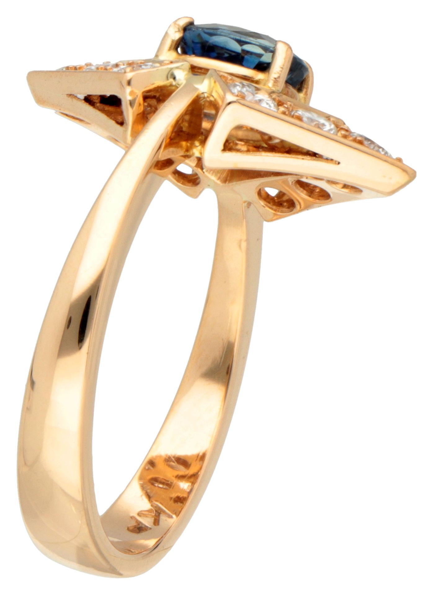 18k Yellow gold entourage ring set with synthetic sapphire and diamonds. - Image 2 of 2