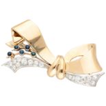 14K Yellow gold retro bow brooch with sapphire and diamond.