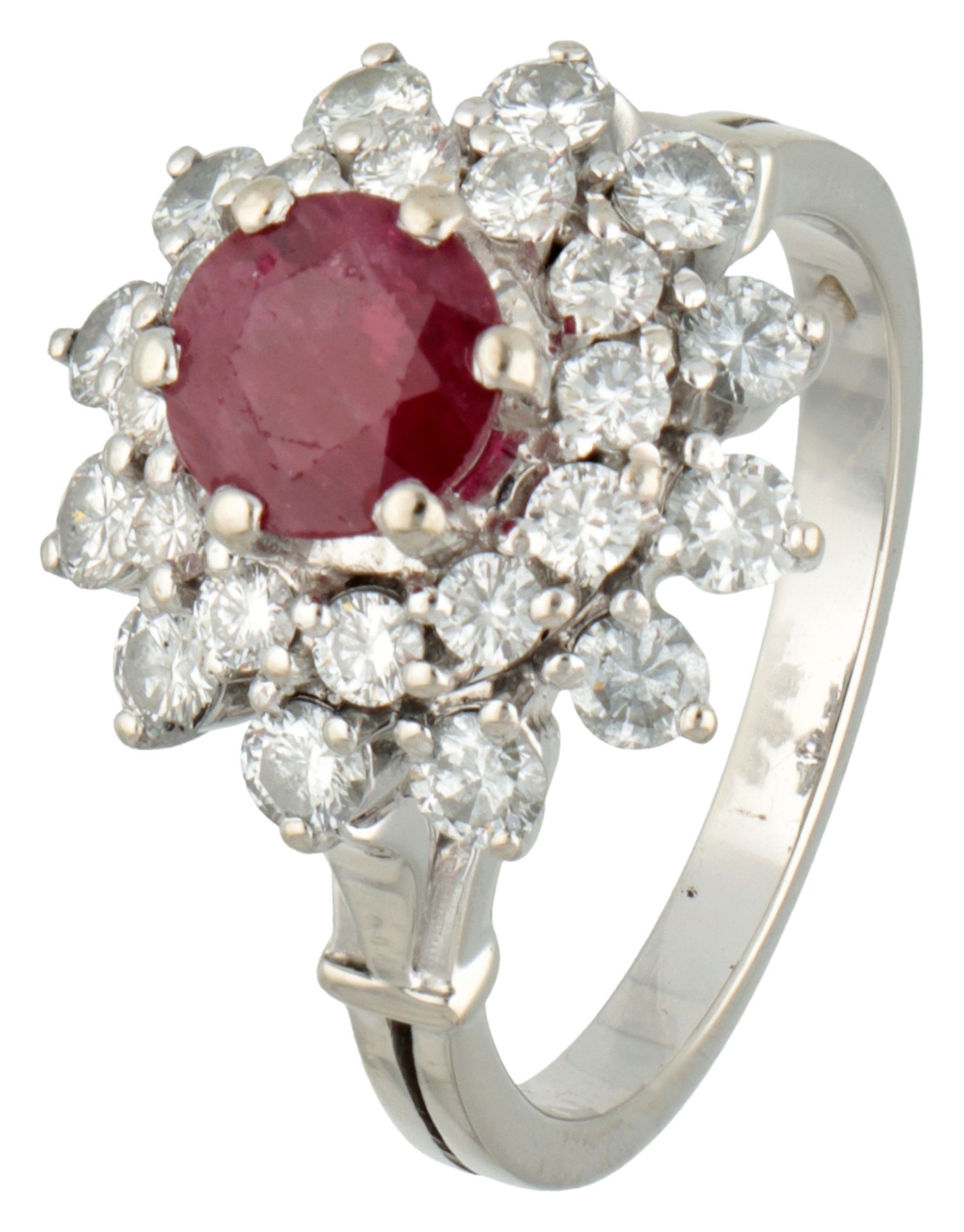 18K White gold entourage ring set with approx. natural ruby and diamonds.