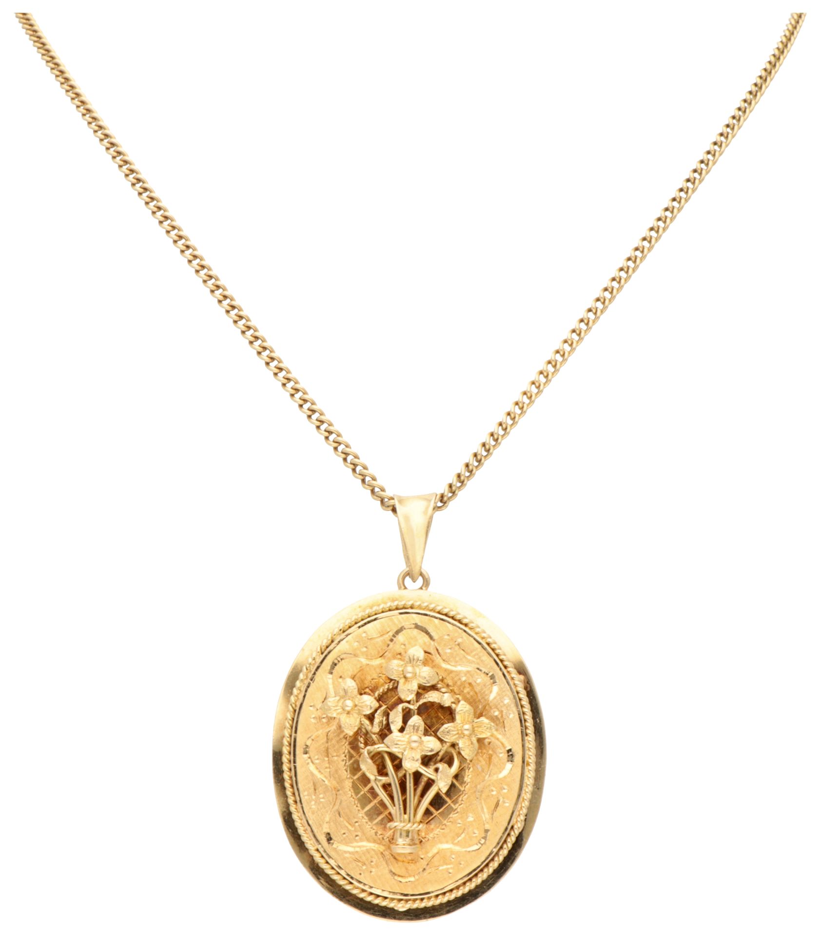 18K Yellow gold pendant with bouquet of forget-me-nots in engraved oval border.