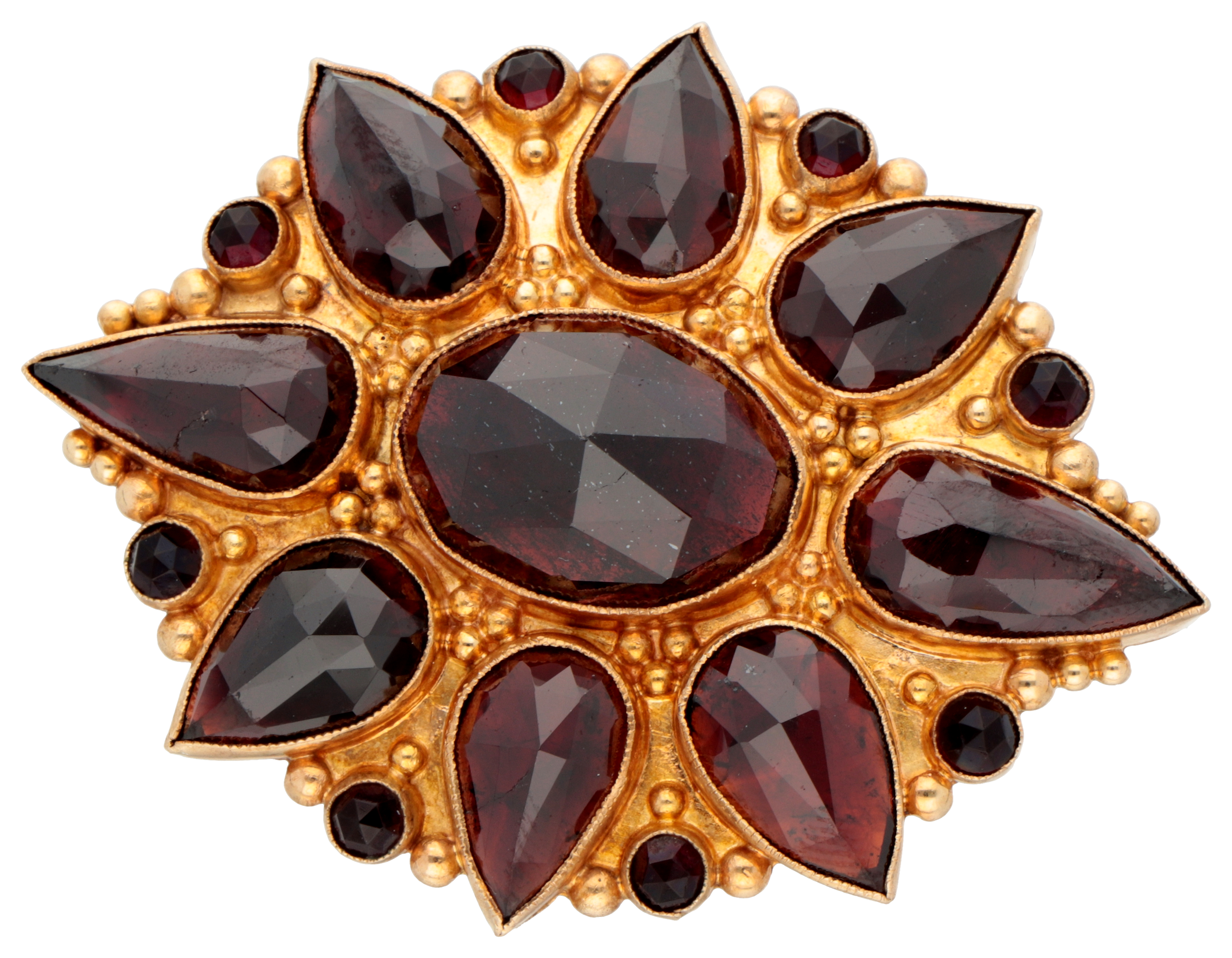 14K Yellow gold brooch set with approx. 22 ct. garnet.