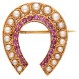 14K Yellow gold antique equestrian stock tie brooch with pink sapphire and seed pearl.