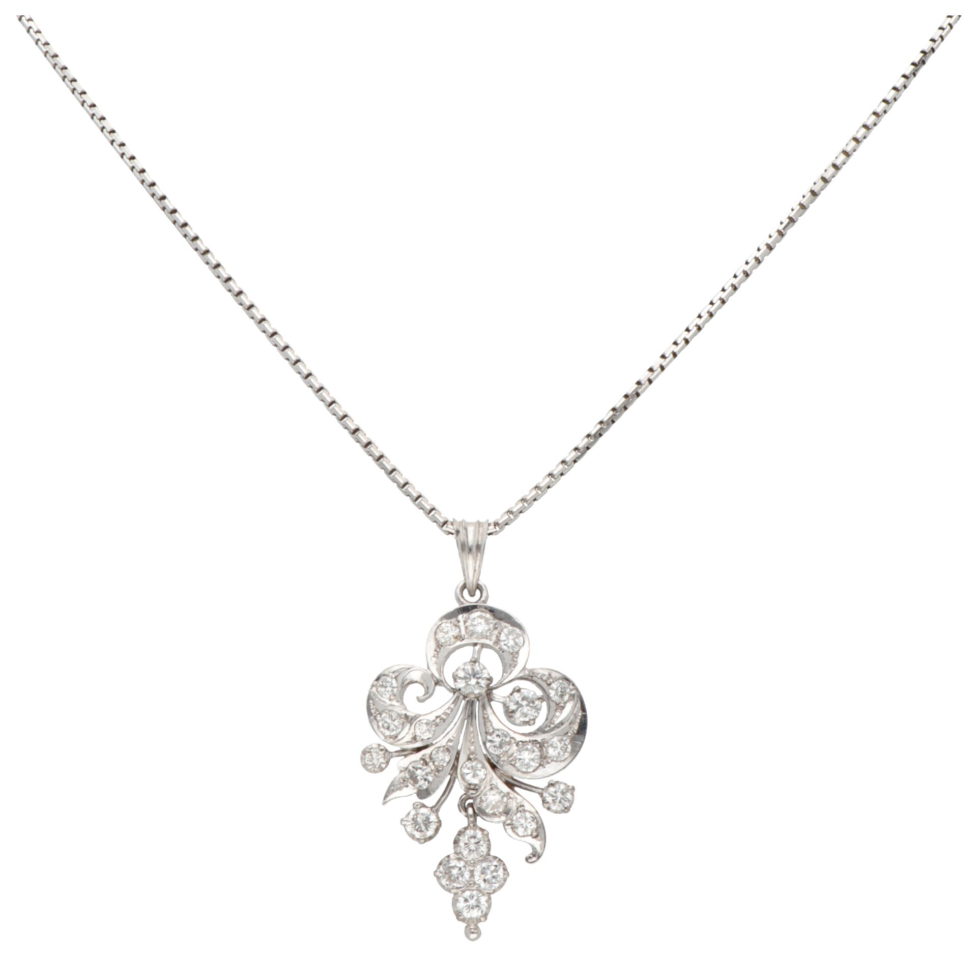 10K White gold asymmetrical diamond pendant on necklace set with approx. 0.72 ct. diamond.