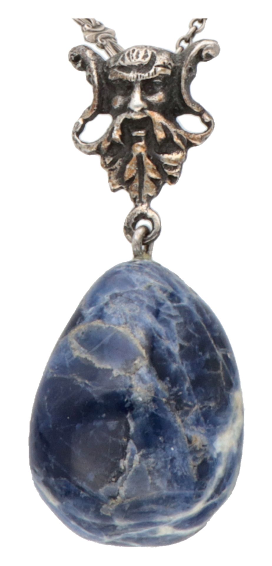 Silver necklace with a sodalite pendant depicting the Celtic 'Green Man'. - Image 2 of 3