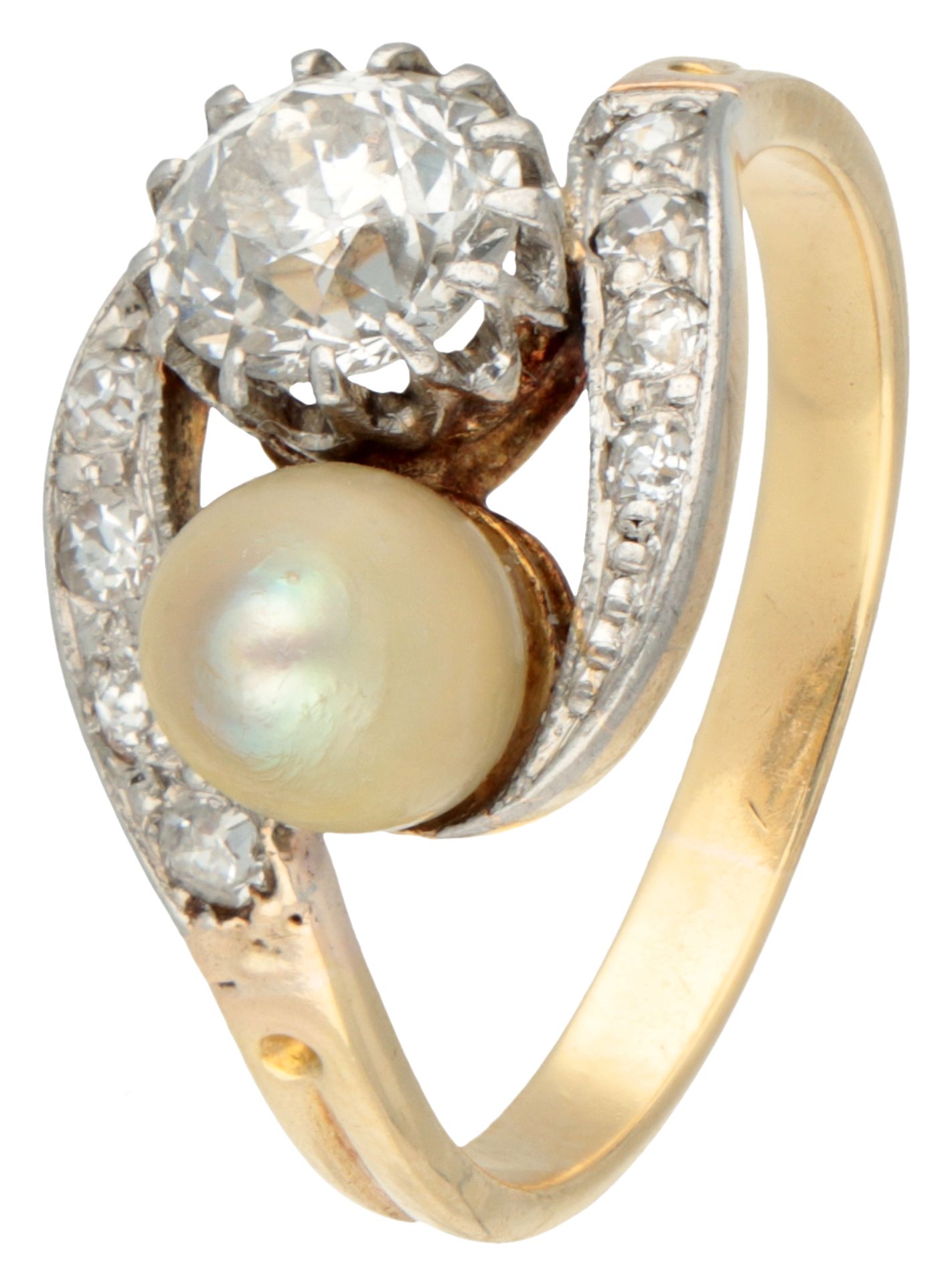 14K Yellow gold Toi et Moi ring set with approx. 1.00 ct. diamond and cultivé pearl in platinum.
