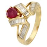 18K Yellow gold ring set with approx. 0.66 ct. natural ruby ??and approx. 0.36 ct. baguette cut diam