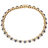18K Yellow gold tennis bracelet set with approx. 1.20 ct. diamond and approx. 3.65 ct. natural sapph