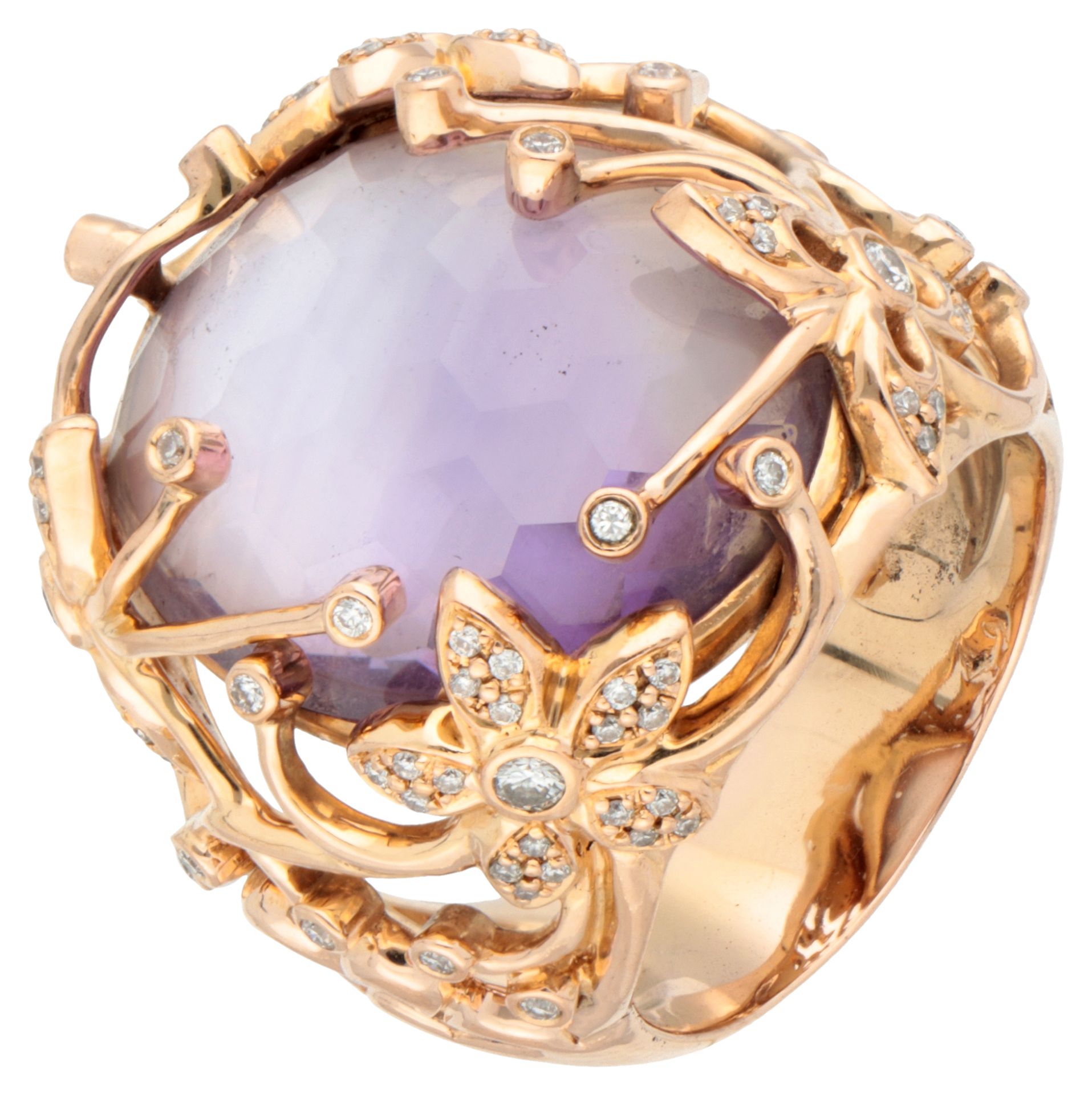 18K Gold design ring with topaz on mother-of-pearl and diamond.