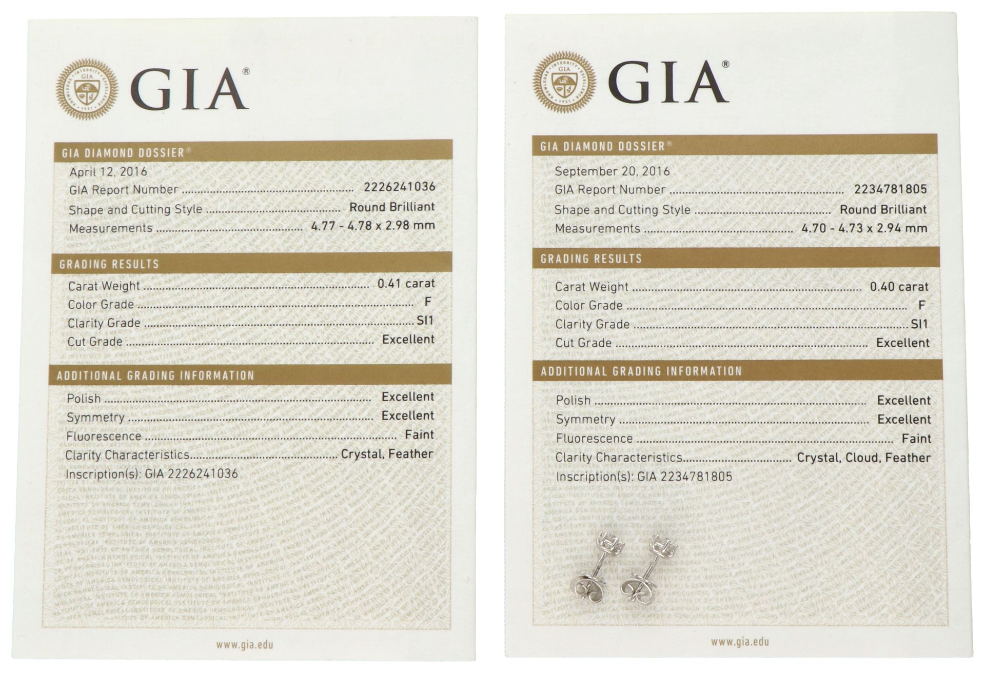 GIA certified 18K white gold diamond stud earrings of 0.41 and 0.40 ct. - Bild 4 aus 5