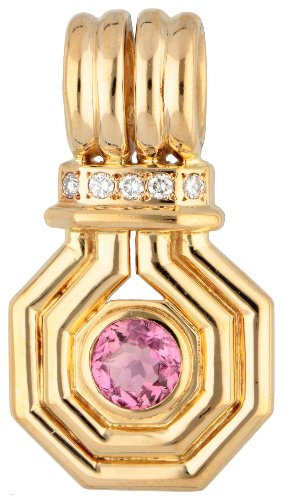 18K Yellow gold modern bulla pendant with pink tourmaline and diamonds.