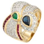 18K Yellow gold asymmetrical design ring set with approx. 1.12 ct. diamond, emerald, sapphire, ruby.