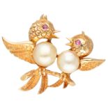 French 18K yellow gold brooch of a pair of birds on a twig with bouton pearl.