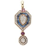 14K Yellow gold pendant set with approx. 0.90 ct. diamonds, sapphire and ruby.